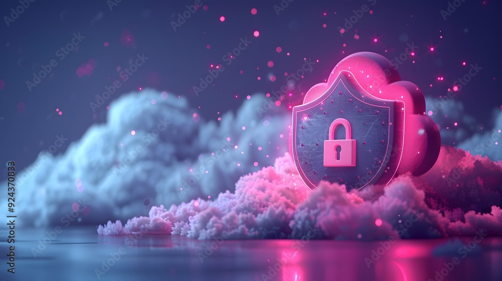 Poster cloud security concept with padlock and shield over clouds, representing data protection and online 
