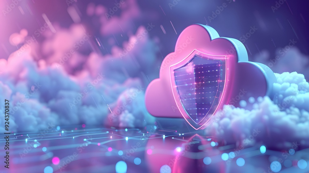 Poster cloud security concept with shield and data protection representation. modern technology background 