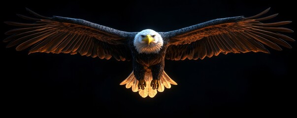 Obraz premium A majestic bald eagle with outstretched wings against a black background.