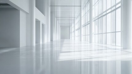 Obraz premium A minimalist hallway with large windows and a reflective floor. The sunlight streams in, creating a bright and airy atmosphere.