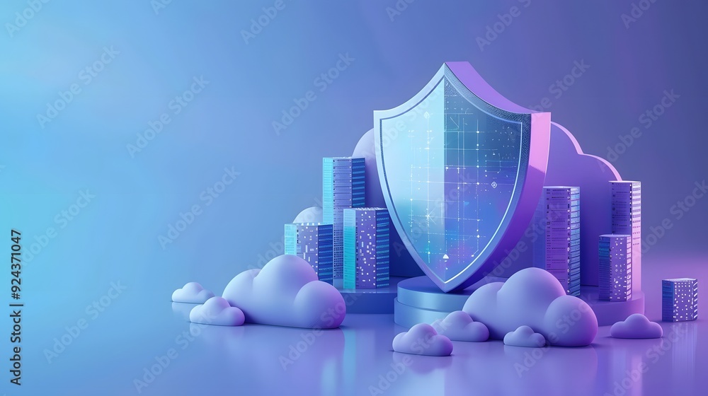 Poster conceptual image of cloud computing security with shield and server buildings, symbolizing data prot