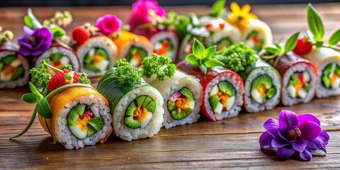 Colorful, artistically arranged sushi rolls with edible flowers, microgreens, and unique ingredients on a minimalist wooden background, showcasing creativity and Japanese culinary art.