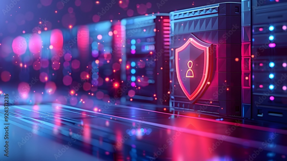 Poster cybersecurity concept image featuring secure data servers with glowing lights and virtual shield ico