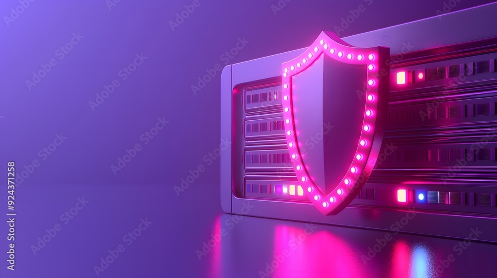 Poster cybersecurity concept image showing a glowing pink shield in front of a server rack, representing da