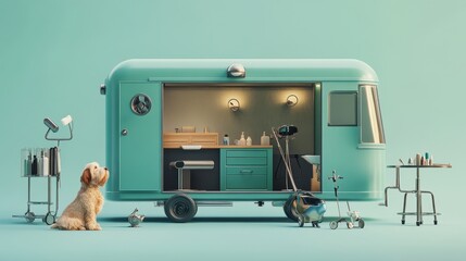A turquoise mobile pet grooming salon with a dog sitting outside and a table with grooming supplies.