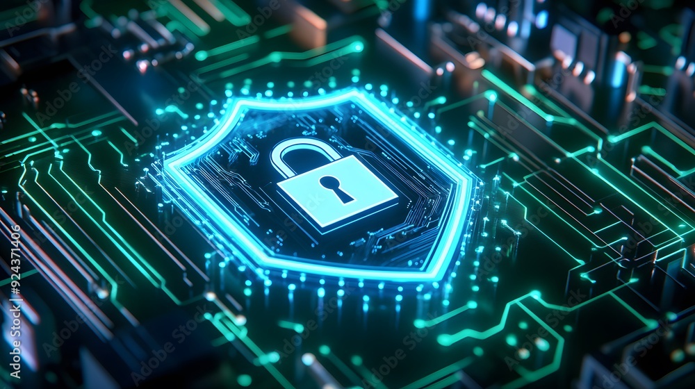 Poster cybersecurity concept with a glowing padlock on a circuit board representing data protection and dig