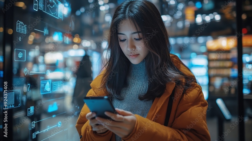 Poster internet of things iot, e-commerce concept. woman using mobile phone with internet network connectio