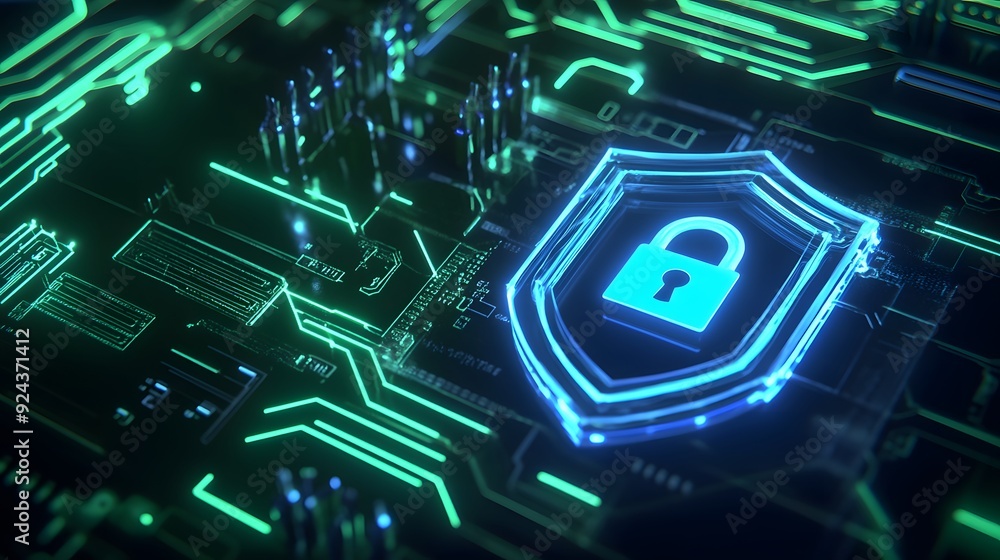 Poster cybersecurity concept with a glowing padlock on a digital circuit board symbolizing online security,