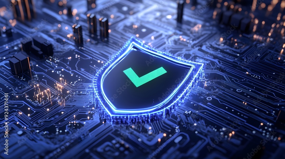 Poster cybersecurity concept with a glowing shield and check mark on a circuit board, depicting data protec