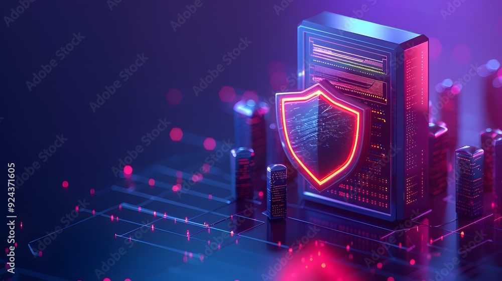 Poster cybersecurity concept with a glowing shield on a server, symbolizing data protection and digital sec