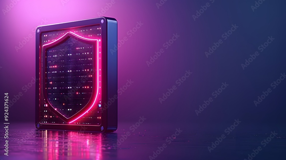 Aufkleber cybersecurity concept with a neon shield over a server rack in a dark room, symbolizing data protect