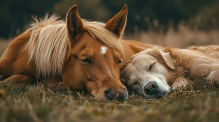 Horse and Dog Napping Together in a Field
