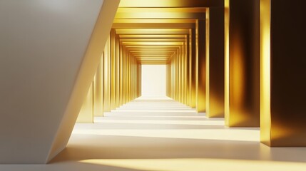Abstract hallway with golden pillars and white walls leading to a bright light at the end.  Minimalist design with a sense of hope and progress.