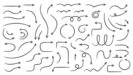 Hand drawn curved doodle chalk arrows collection, vector eps10 illustration