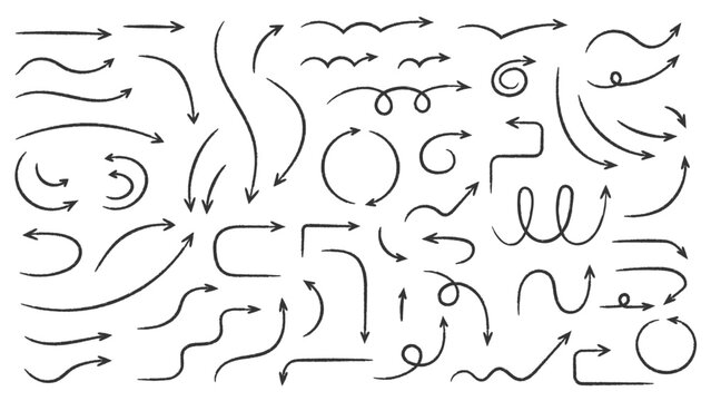 Hand drawn curved doodle chalk arrows collection, vector eps10 illustration