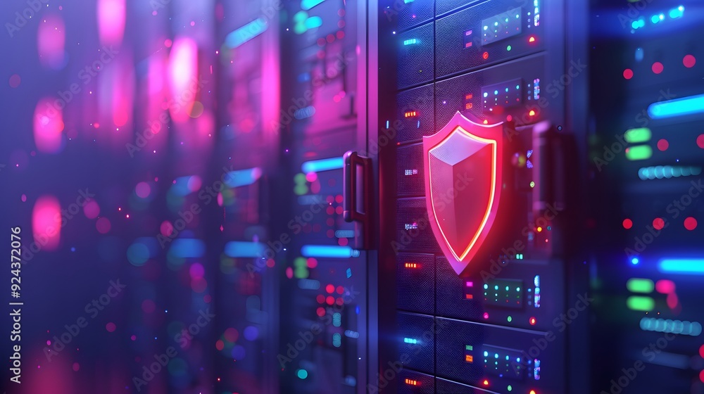Poster cybersecurity in a data center with a glowing shield icon and server racks in the background, highli