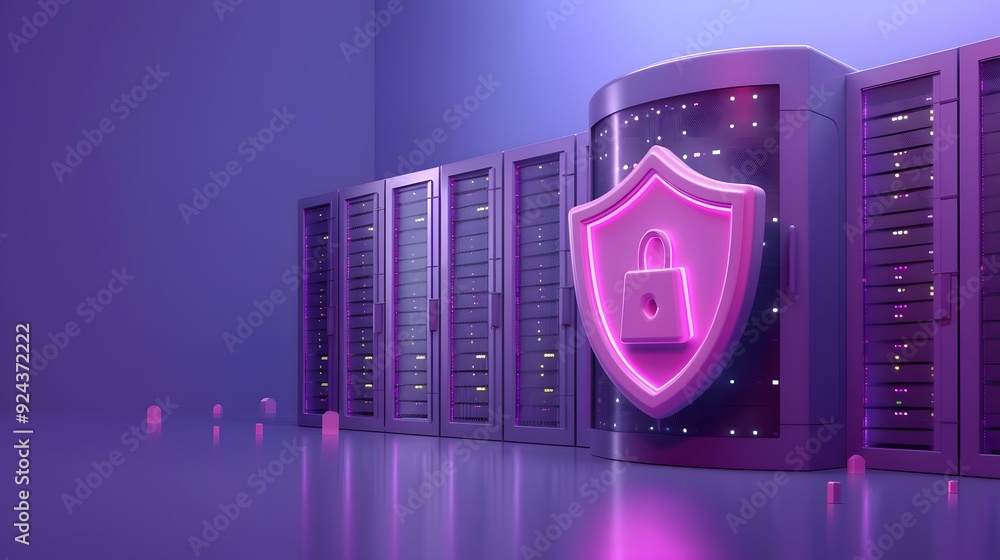Aufkleber data center servers with glowing shield security icon, representing cybersecurity and data protectio