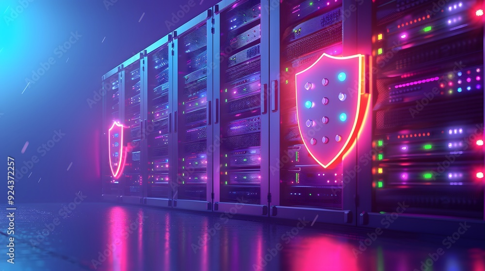 Poster data center servers with neon shield icons representing cybersecurity and protection in a futuristic