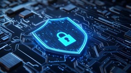 Cybersecurity shield with digital lock icon on a blue circuit board, representing data protection and online security.