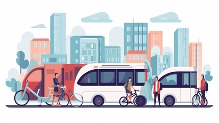 Naklejka premium A city street with a bus, a bicycle, and a person on a bicycle