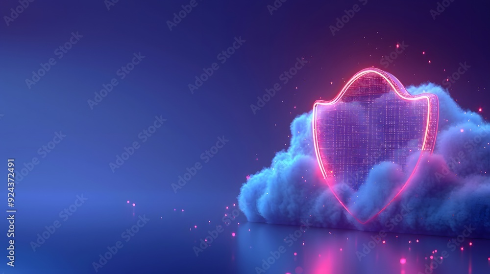 Poster digital cloud security concept with a glowing shield icon representing data protection in a neon fut