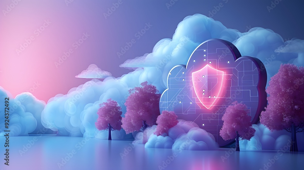 Poster digital cloud security concept with a glowing shield, surrounded by clouds and trees in a dreamy, fu