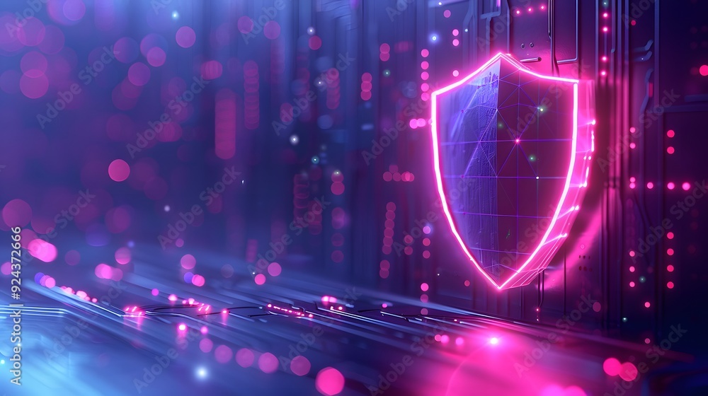 Poster digital cyber security concept with futuristic shield, representing data protection and network safe