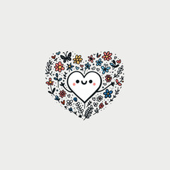 A heart drawn with black lines, surrounded by colorful flowers and grass. 
