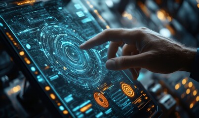 Data science. Man programmer using digital tablet computer analyzing and develop software on futuristic virtual interface screen. Algorithm. digital marketing, big data analysis and, Generative AI