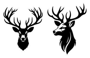 deer head silhouette, majestic deer head profile silhouette antlers illustration black and white wildlife art, Mounted Animals, Deer head silhouette illustration isolated on white background