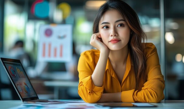 Young serious asian business woman working on laptop computer and digital tablet, planning new startup project at modern office. Businesswoman thinking about business marketing, Generative AI - Powered by Adobe