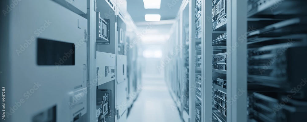 Poster server room with rows of data storage units.
