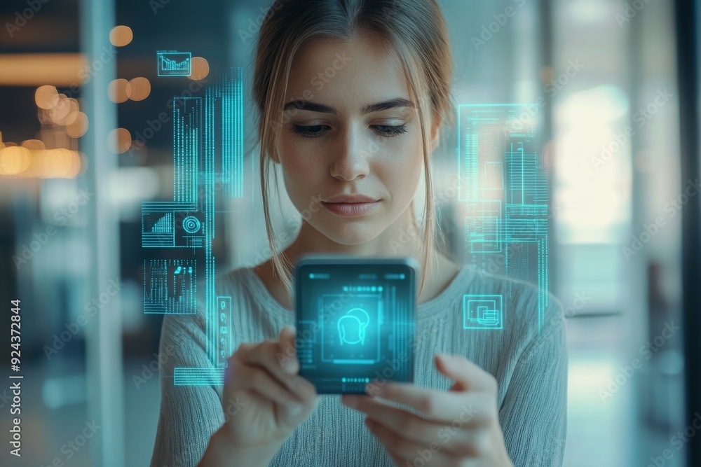 Poster biometrics security system. woman using fingerprint identification to access personal financial data