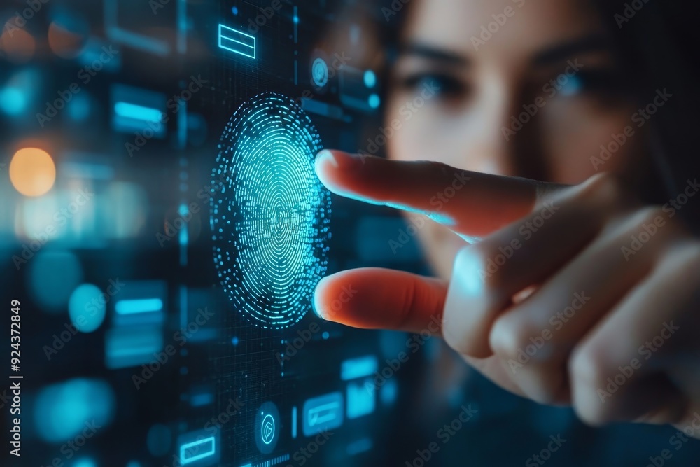 Poster biometrics security system. woman using fingerprint identification to access personal financial data