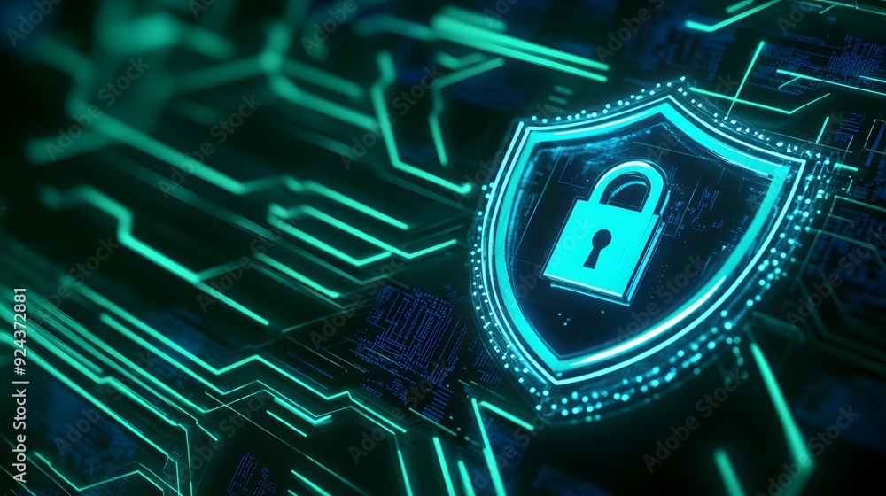 Poster digital cybersecurity concept visual with a glowing padlock symbol on a shield, overlaid on a circui