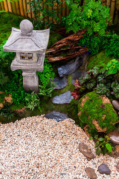 Minimal Japanese garden in home with small stone lantern and bamboo fountain and moss and flowers.
