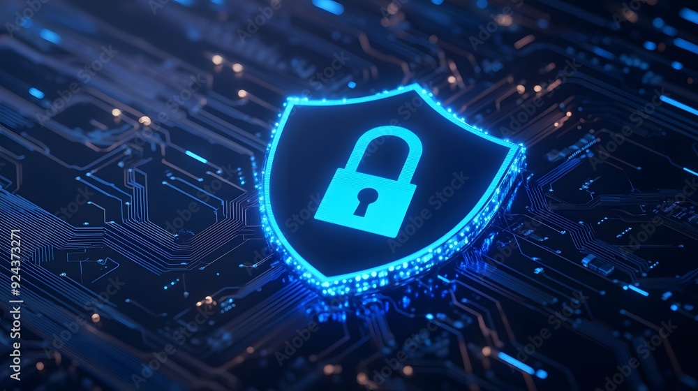 Poster digital cybersecurity concept with a neon-lit shield and lock icon, emphasizing online protection an