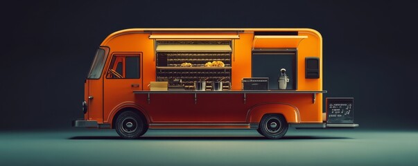 Vintage orange food truck with open service window.