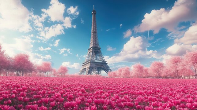 Eiffel Tower in a field of pink blossoms