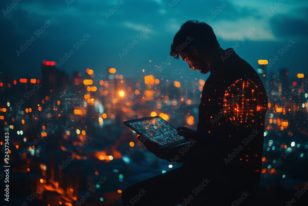 Poster global internet network connection, digital technology concept. business man using digital tablet wi