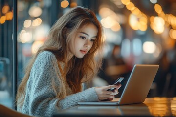 Obraz premium Woman using mobile phone and online working with laptop computer on office table at coffee shop co-working space, side view. Freelancer at work, distance job, telecommuting, lifestyle, Generative AI