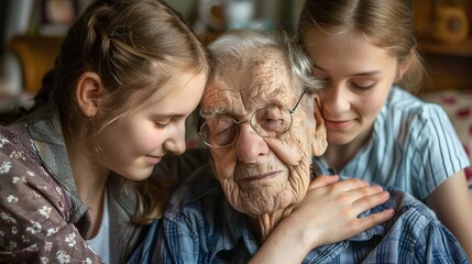 Bridging the Gap: Young and old united in a tender moment, showcasing the importance of intergenerational connections. Bonds of Family, Compassion, and Respect in a Multigenerational Setting.