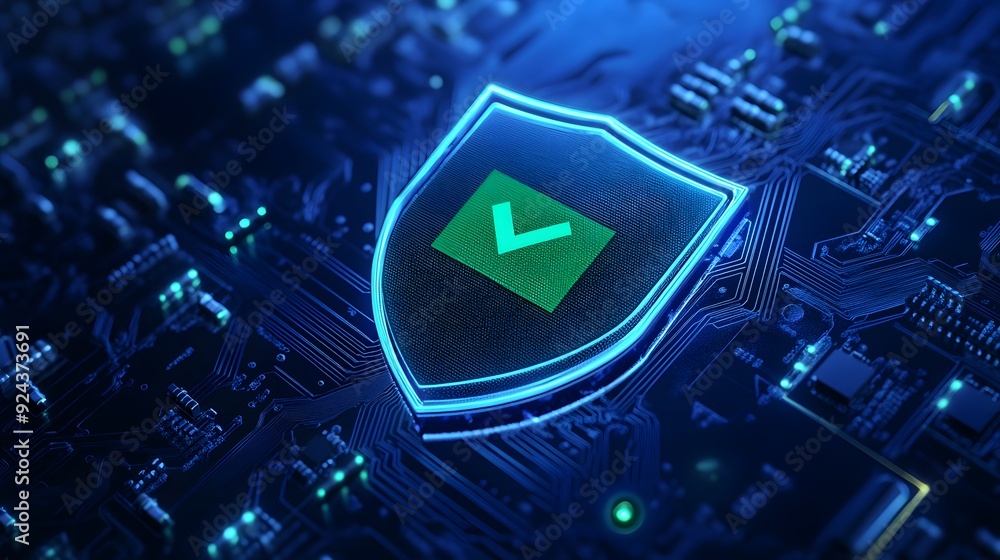 Poster digital cybersecurity shield highlighting data protection with a green checkmark on a futuristic mot