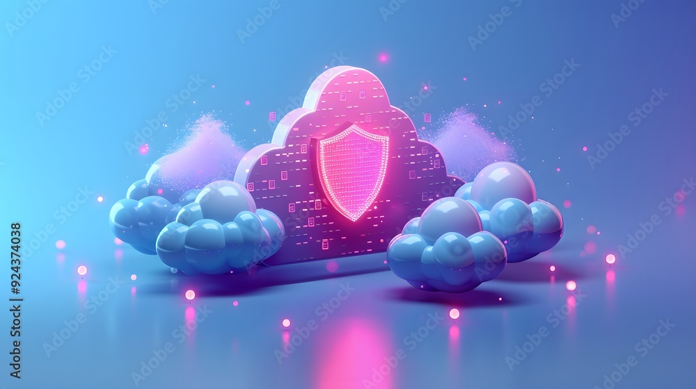 Poster digital illustration of a cloud with a security shield, symbolizing cloud data protection and cybers