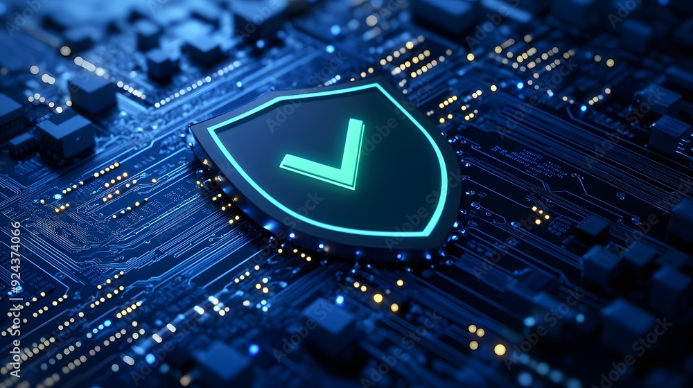 Poster digital illustration of a glowing security shield checkmark on a circuit board, symbolizing cybersec