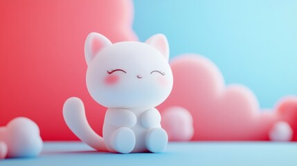 A cute, cartoon white cat with pink cheeks sits on a blue background with pink clouds.