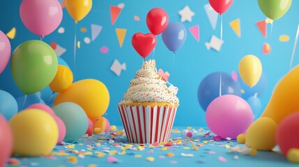 A festive cupcake with red heart balloons and confetti on a blue background.