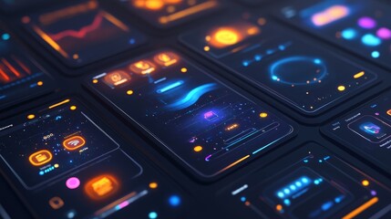 Obraz premium A futuristic, abstract pattern of glowing digital interfaces with colorful lines and shapes.