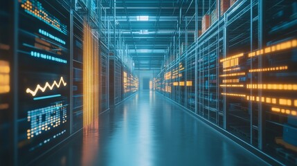 A futuristic server room with glowing blue and orange lights, showcasing data processing and technology.