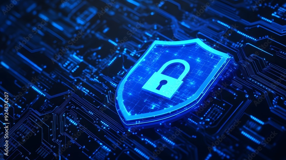 Aufkleber digital lock icon on a shield representing cybersecurity and data protection on a futuristic blue ci